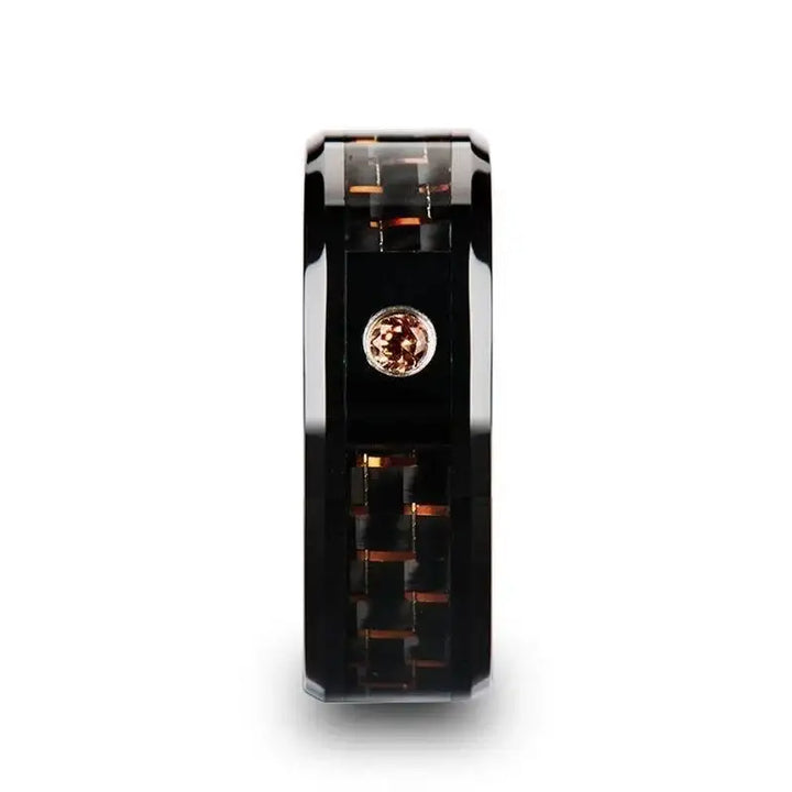 HELSING Black Ceramic Ring with Black and Orange Carbon Fiber and Orange Padparadscha Setting - 8mm - Larson Jewelers