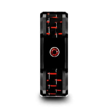 SORRELL Black Ceramic Ring with Black and Red Carbon Fiber and Red Ruby Setting - 8mm - Larson Jewelers