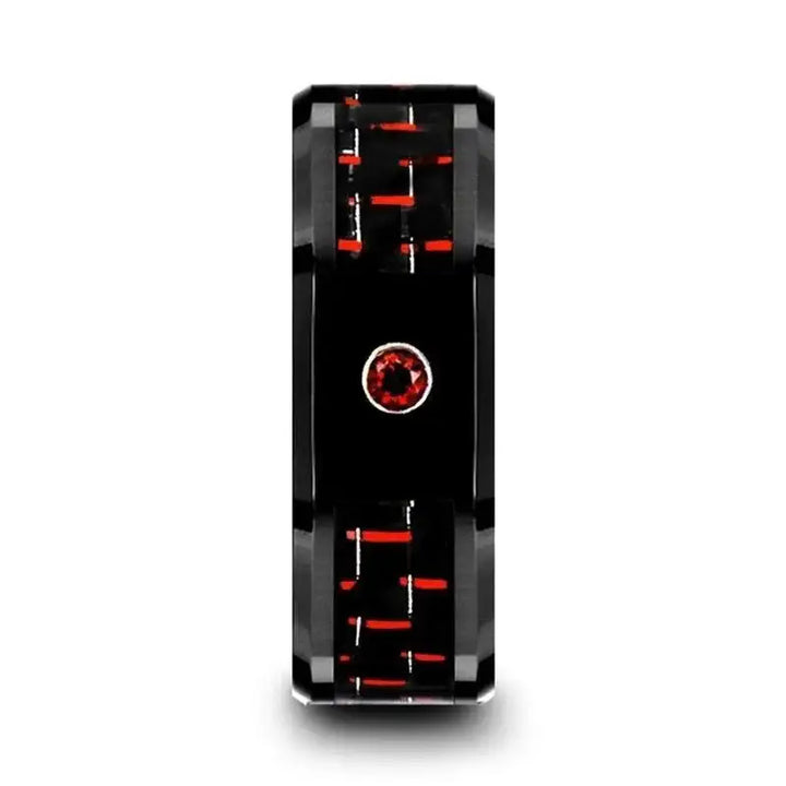 SORRELL Black Ceramic Ring with Black and Red Carbon Fiber and Red Ruby Setting - 8mm - Larson Jewelers