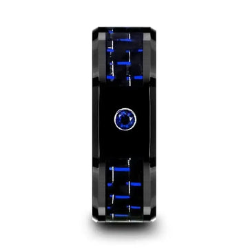 ODELL Black Ceramic Ring with Black and Blue Carbon Fiber and Blue Sapphire Setting - 8mm - Larson Jewelers