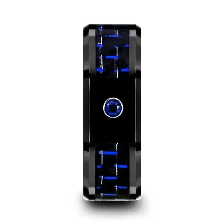 ODELL Black Ceramic Ring with Black and Blue Carbon Fiber and Blue Sapphire Setting - 8mm - Larson Jewelers