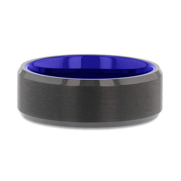 Top-down view of the black tungsten ring highlighting the blue interior and beveled edges.