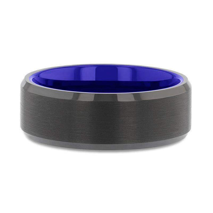 Top-down view of the black tungsten ring highlighting the blue interior and beveled edges.