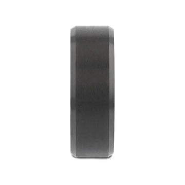 Front profile view showing the flat brushed center and beveled edges of the black tungsten ring.