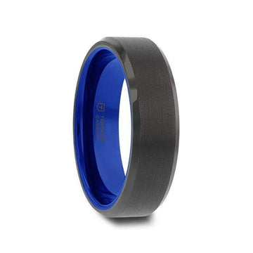 RIGEL Black Tungsten Carbide Ring – Flat Brushed Center, Polished Beveled Edges, Blue Ceramic Interior (6mm & 8mm) - Larson Jewelers