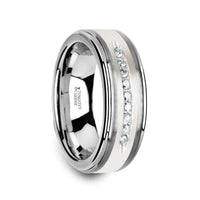 HARPER Tungsten Wedding Band with Raised Center & Brushed Silver Inlay and 9 Channel Set White Diamonds - 8mm - Larson Jewelers