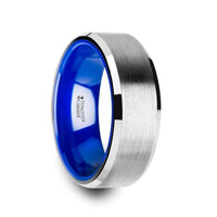 SIRIUS Flat Beveled-Edged Tungsten Ring with Brushed Center and Vibrant Blue Ceramic Inside - 8mm - Larson Jewelers
