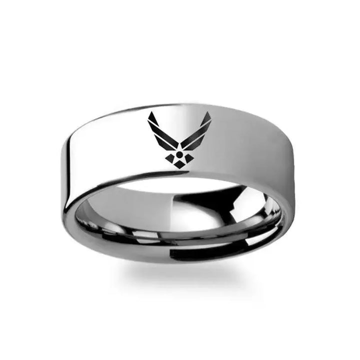 Military Symbol Logo Engraving Flat Polished Tungsten Ring - Army, Coast Guard, Navy, Marines, Air Force - 4mm - 12mm - Larson Jewelers