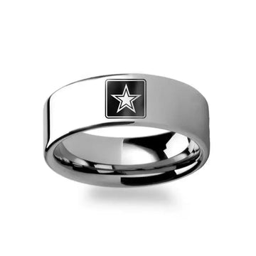 Military Symbol Logo Engraving Flat Polished Tungsten Ring - Army, Coast Guard, Navy, Marines, Air Force - 4mm - 12mm - Larson Jewelers