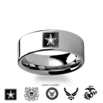 Military Symbol Logo Engraving Flat Polished Tungsten Ring - Army, Coast Guard, Navy, Marines, Air Force - 4mm - 12mm - Larson Jewelers