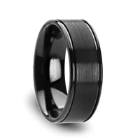 TURNER Flat Brushed Finish Center Black Tungsten Carbide Wedding Band with Dual Offset Grooves and Polished Edges - 6mm & 8mm - Larson Jewelers