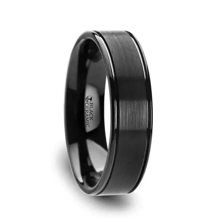 BLACKHEART Flat Brushed Finish Center Black Ceramic Wedding Band with Dual Offset Grooves and Polished Edges - 6mm or 8mm - Larson Jewelers