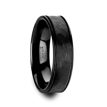 REVENANT Hammered Finish Center Black Ceramic Wedding Band with Dual Offset Grooves and Polished Edges - 6mm or 8mm - Larson Jewelers