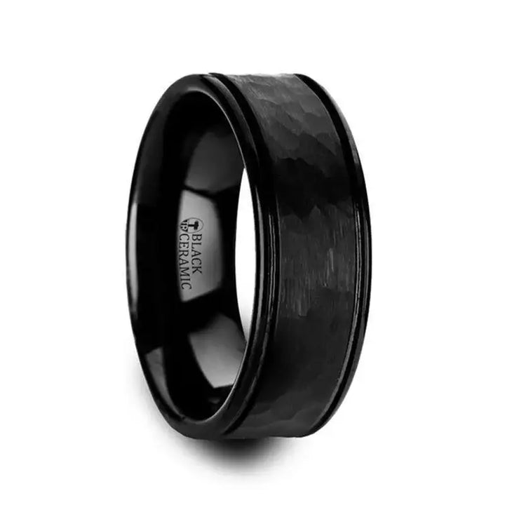 REVENANT Hammered Finish Center Black Ceramic Wedding Band with Dual Offset Grooves and Polished Edges - 6mm or 8mm - Larson Jewelers