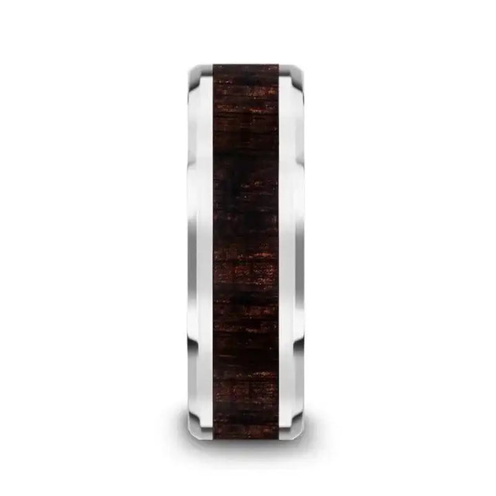 ARCANE Ebony Wood Inlaid Tungsten Carbide Ring with Bevels - 8mm - Larson Jewelers