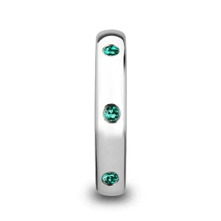CHLOE Polished and Domed Tungsten Carbide Wedding Ring with 3 Green Emeralds Setting - 4mm - Larson Jewelers