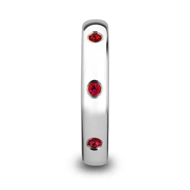 MAERA Polished and Domed Tungsten Carbide Wedding Ring with 3 Red Rubies Setting - 4mm - Larson Jewelers