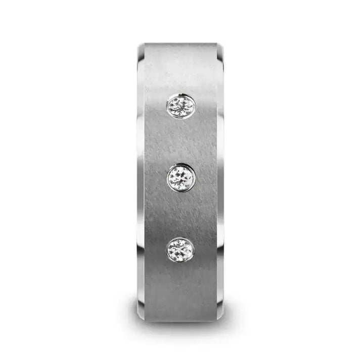 SAMUEL Satin Finish Tungsten Carbide Wedding Ring with 3 White Diamond Setting and Beveled Edges- 8mm - Larson Jewelers