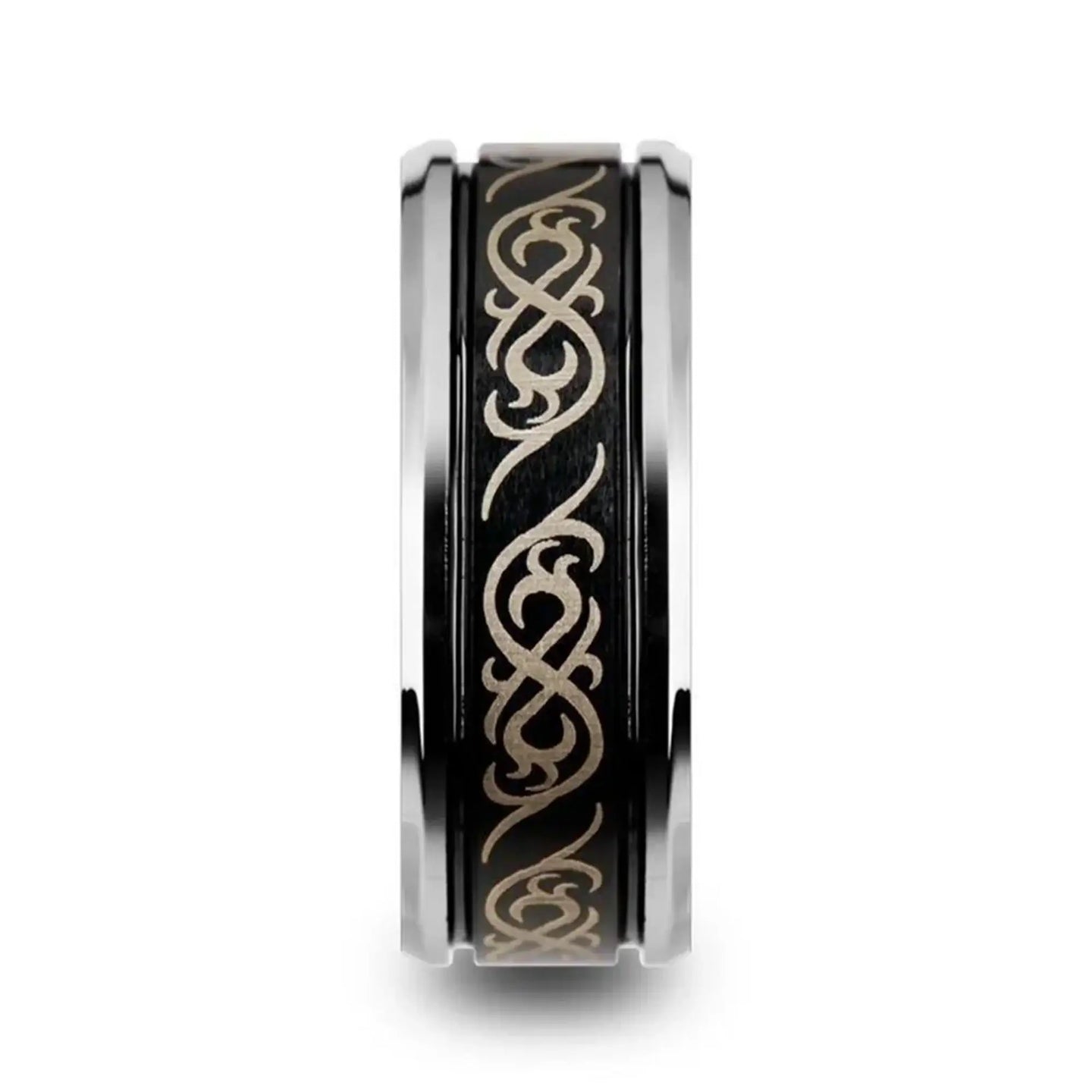 RAIZEN Tungsten Carbide Wedding Ring with Dual Offset Grooves and Laser Engraved Celtic Pattern Polished and Beveled Edges - 8mm - Larson Jewelers
