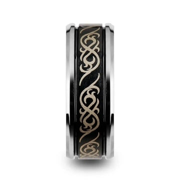 RAIZEN Tungsten Carbide Wedding Ring with Dual Offset Grooves and Laser Engraved Celtic Pattern Polished and Beveled Edges - 8mm - Larson Jewelers