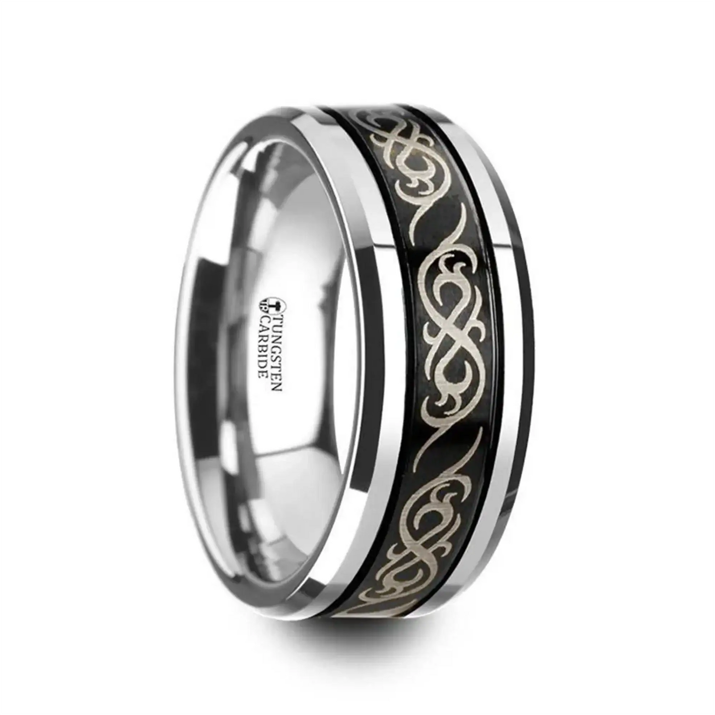 RAIZEN Tungsten Carbide Wedding Ring with Dual Offset Grooves and Laser Engraved Celtic Pattern Polished and Beveled Edges - 8mm - Larson Jewelers
