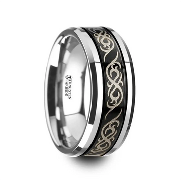 RAIZEN Tungsten Carbide Wedding Ring with Dual Offset Grooves and Laser Engraved Celtic Pattern Polished and Beveled Edges - 8mm - Larson Jewelers