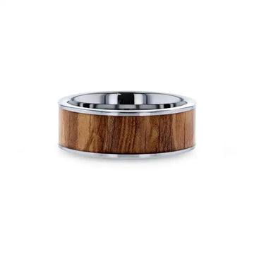 OLIVASTER Olive Wood Inlaid Flat Tungsten Carbide Ring with Polished Edges - 8mm - Larson Jewelers