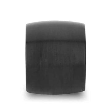 Front view of the AETHER domed black tungsten carbide ring showing its 20mm extra-wide brushed band