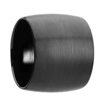 AETHER domed black tungsten carbide ring with brushed finish shown at an angle, 20mm extra-wide band
