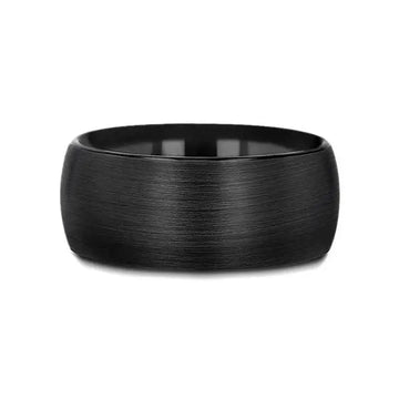 Flat profile view of the LOUISVILLE 10mm black brushed tungsten ring highlighting the domed shape