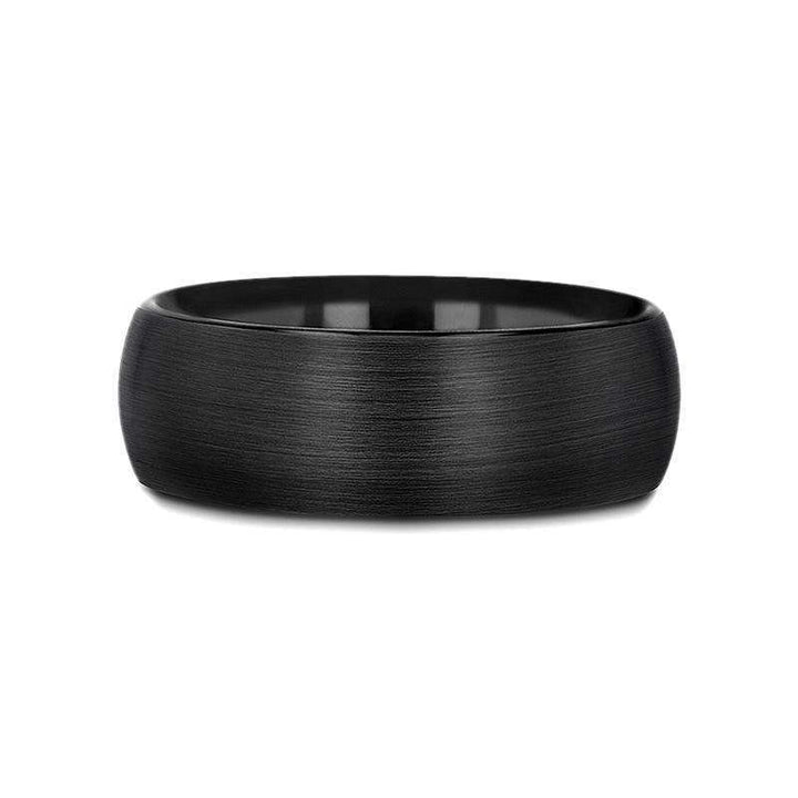 Side profile of the domed brushed black tungsten wedding band showing curvature