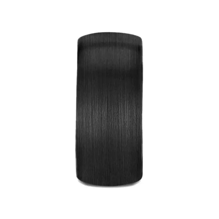 Front view showing the 12mm wide brushed black tungsten carbide ring surface