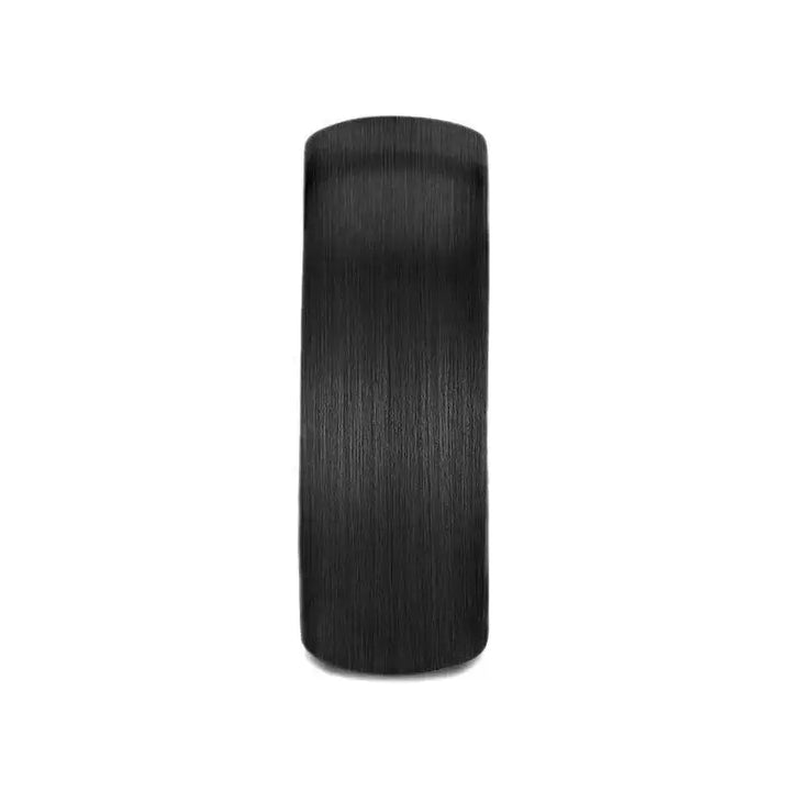 Top-down view highlighting the fine brushed texture of the black tungsten band