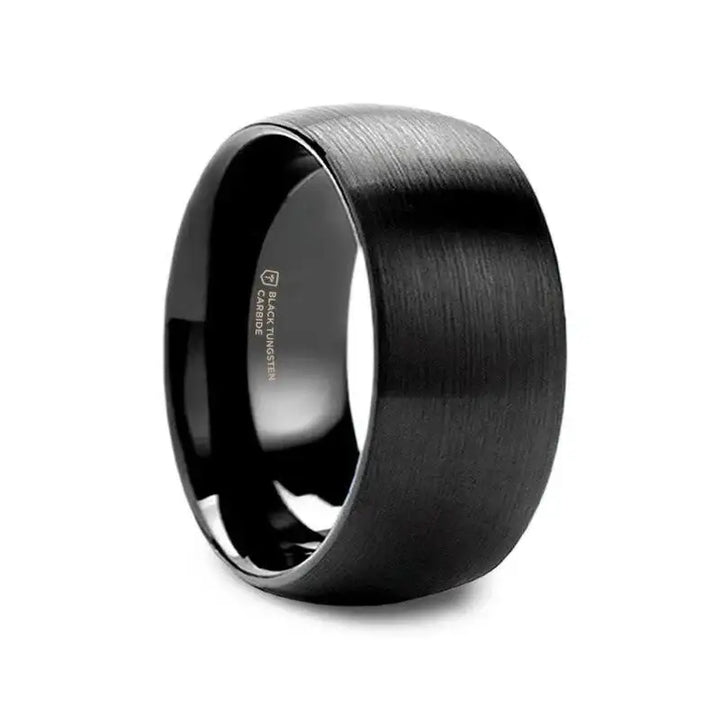 Side view of the LOUISVILLE 10mm domed black tungsten carbide ring with brushed matte finish