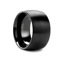 Side view of a 12mm domed black tungsten carbide ring with brushed finish and polished interior