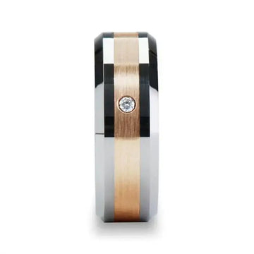 ENZO Rose Gold Inlaid Beveled Tungsten Ring with Diamond - 8mm - Larson Jewelers