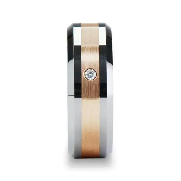 ENZO Rose Gold Inlaid Beveled Tungsten Ring with Diamond - 8mm - Larson Jewelers