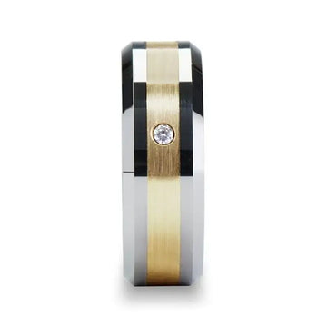 FABIAN 14K Gold Inlaid Beveled Tungsten Ring with Diamond - 8mm - Larson Jewelers