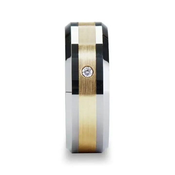 FABIAN 14K Gold Inlaid Beveled Tungsten Ring with Diamond - 8mm - Larson Jewelers
