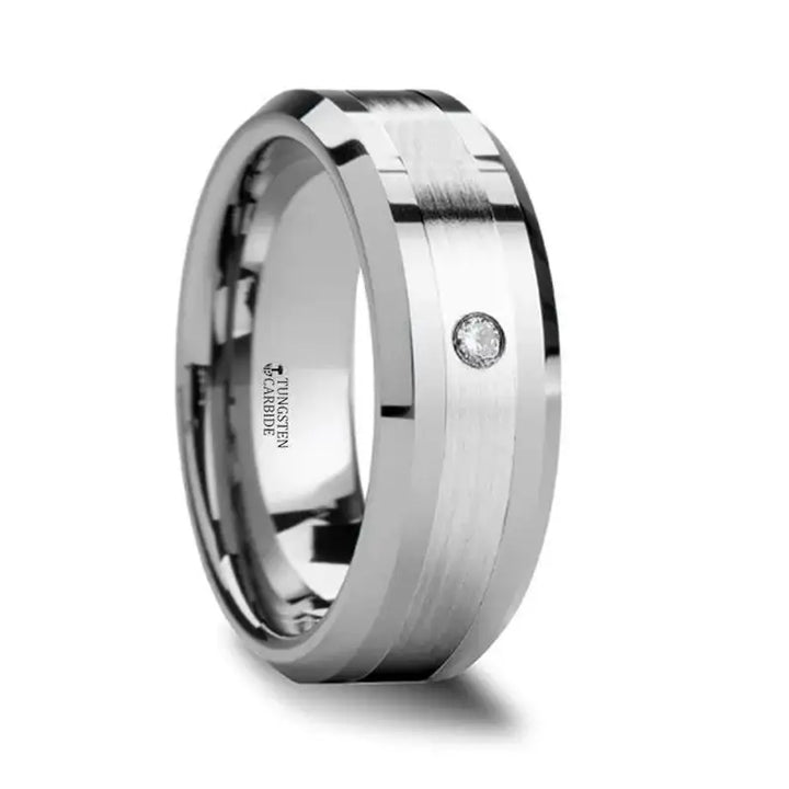 GAUTIER Palladium Inlaid Beveled Tungsten Ring with Diamond - 8mm - Larson Jewelers