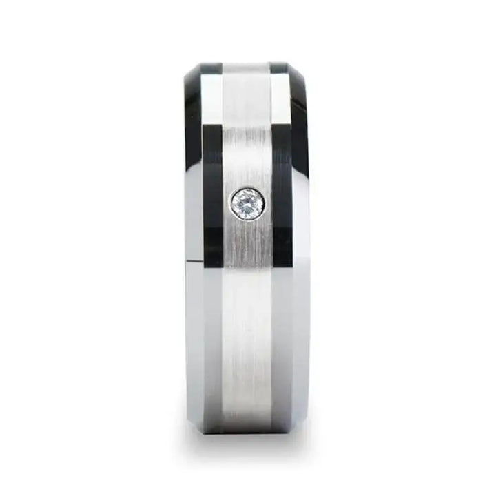 LAURENT Platinum Inlaid Beveled Tungsten Ring with Diamond - 8mm - Larson Jewelers