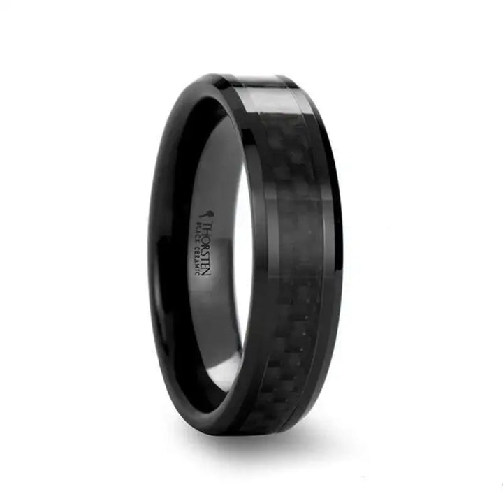 ONYX Black Carbon Fiber Inlaid Black Ceramic Wedding Band - 4mm - 12mm - Larson Jewelers