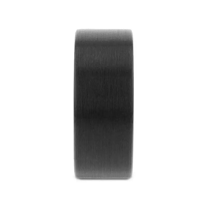 Side profile of the EL PASO flat black brushed tungsten ring showing its uniform width, 10mm