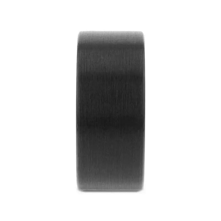 Front profile of a 12mm-wide flat black tungsten carbide ring showing brushed texture