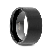 Side view of a flat black tungsten carbide ring with brushed finish, 12mm width