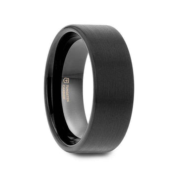 SAN ANTONIO flat black tungsten carbide wedding band with brushed finish, angled side view