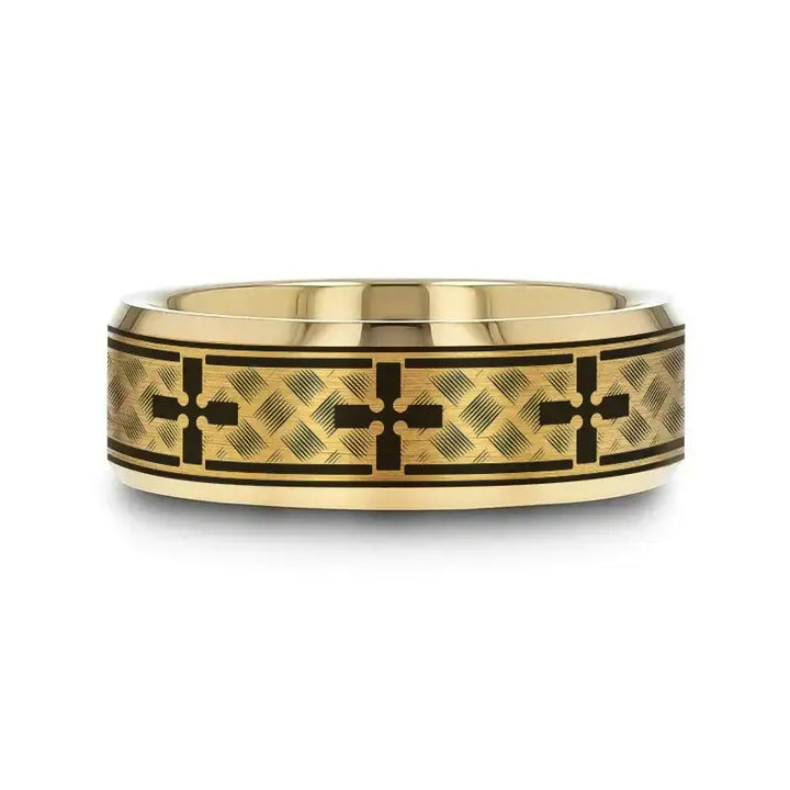 WOVEN CROSSES on Gold Plated Tungsten Carbide Ring with Beveled Edges - Larson Jewelers
