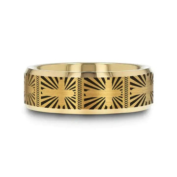SUNBURST CROSS on Flat Gold Plated Tungsten Carbide Ring with Beveled Edges - Larson Jewelers