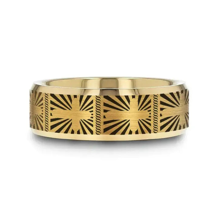 SUNBURST CROSS on Flat Gold Plated Tungsten Carbide Ring with Beveled Edges - Larson Jewelers