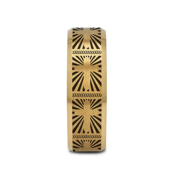 SUNBURST CROSS on Flat Gold Plated Tungsten Carbide Ring with Beveled Edges - Larson Jewelers